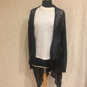 Loose weave sweater cardigan open front hi low nav